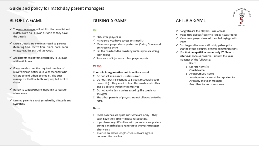 Guide and policy for matchday parent managers